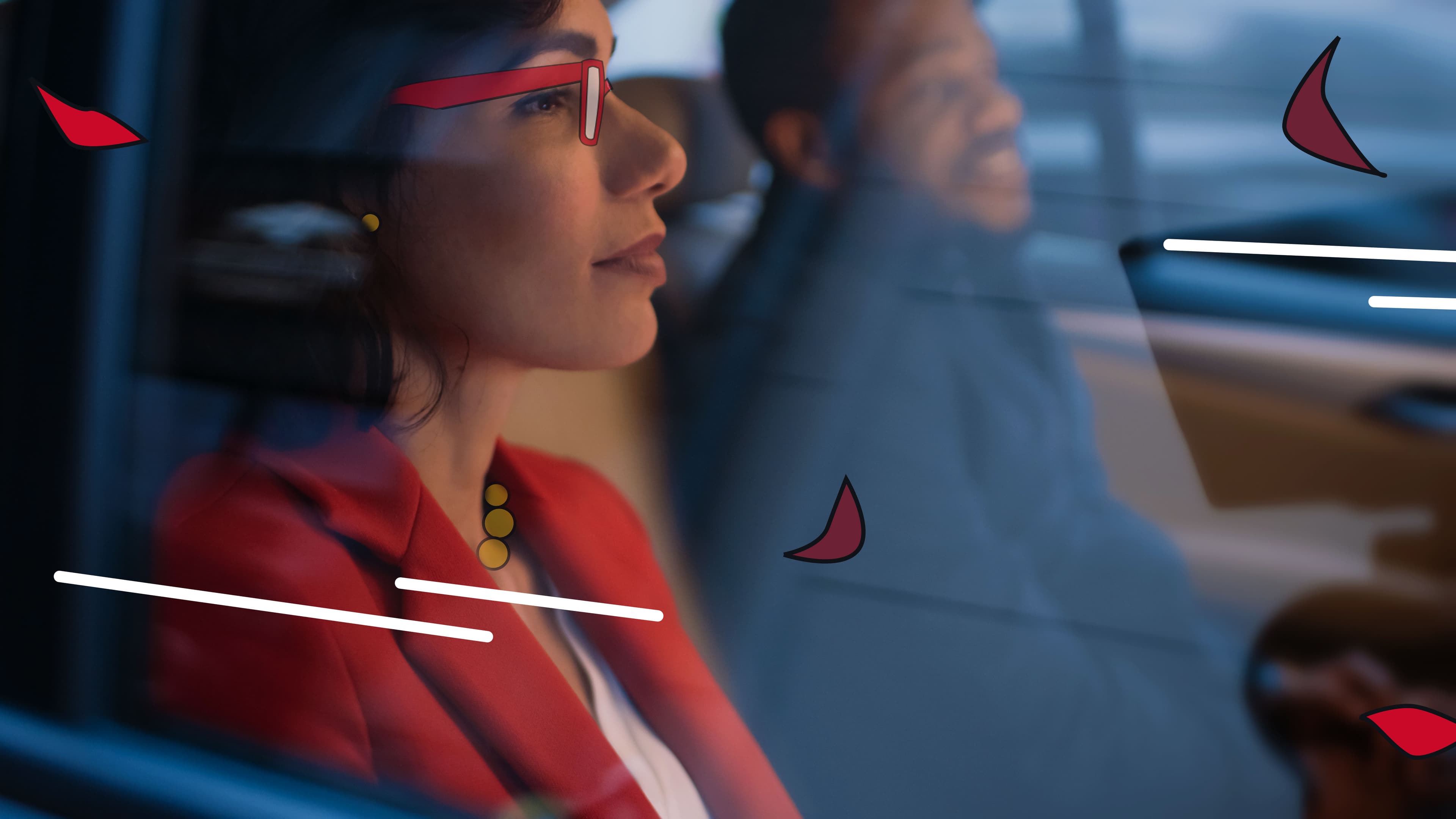 Late night business traveller looking at phone in front of red Freenow taxi ride