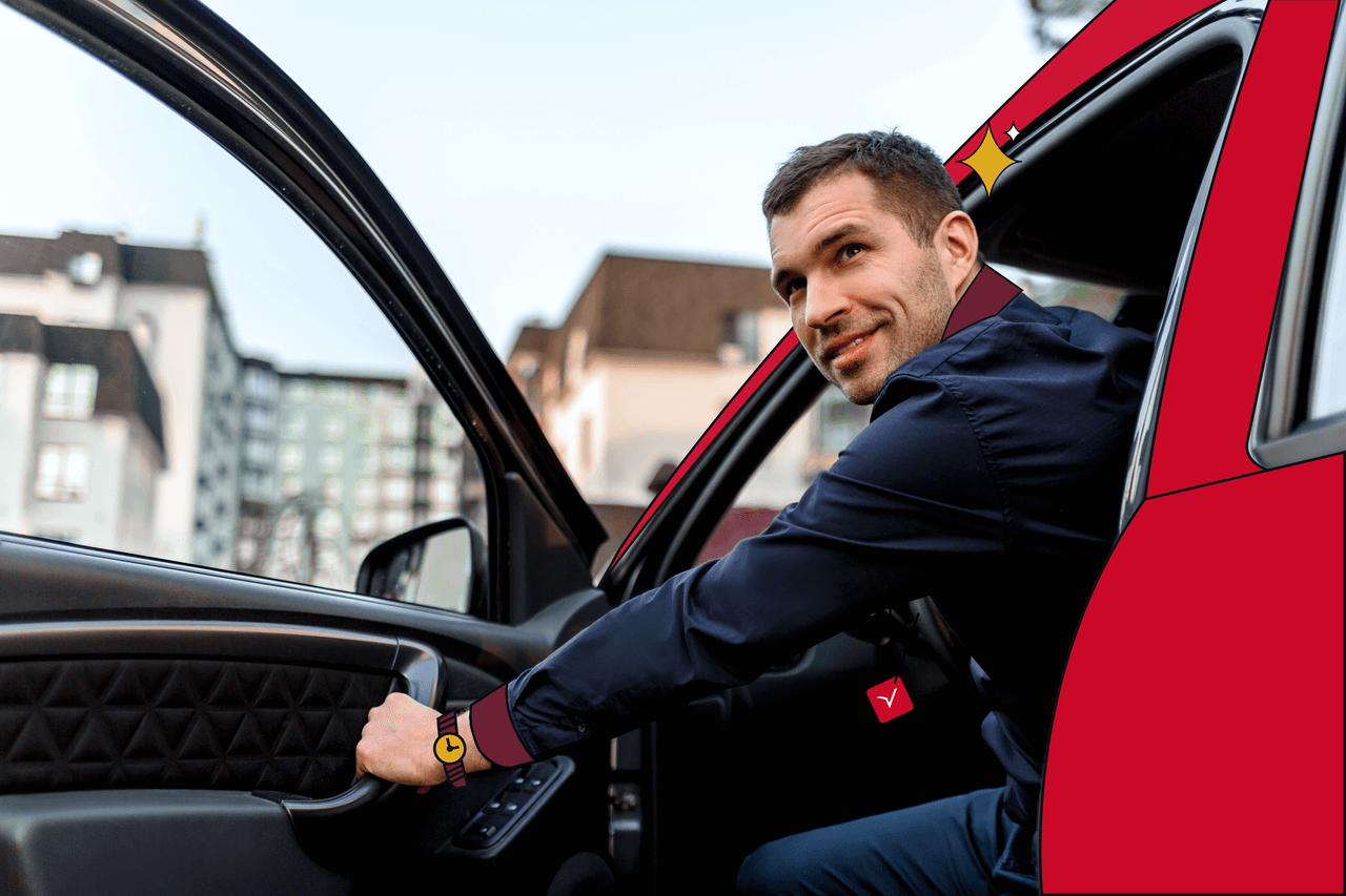 Un taxista en su coche rojo moviéndose de forma sostenible