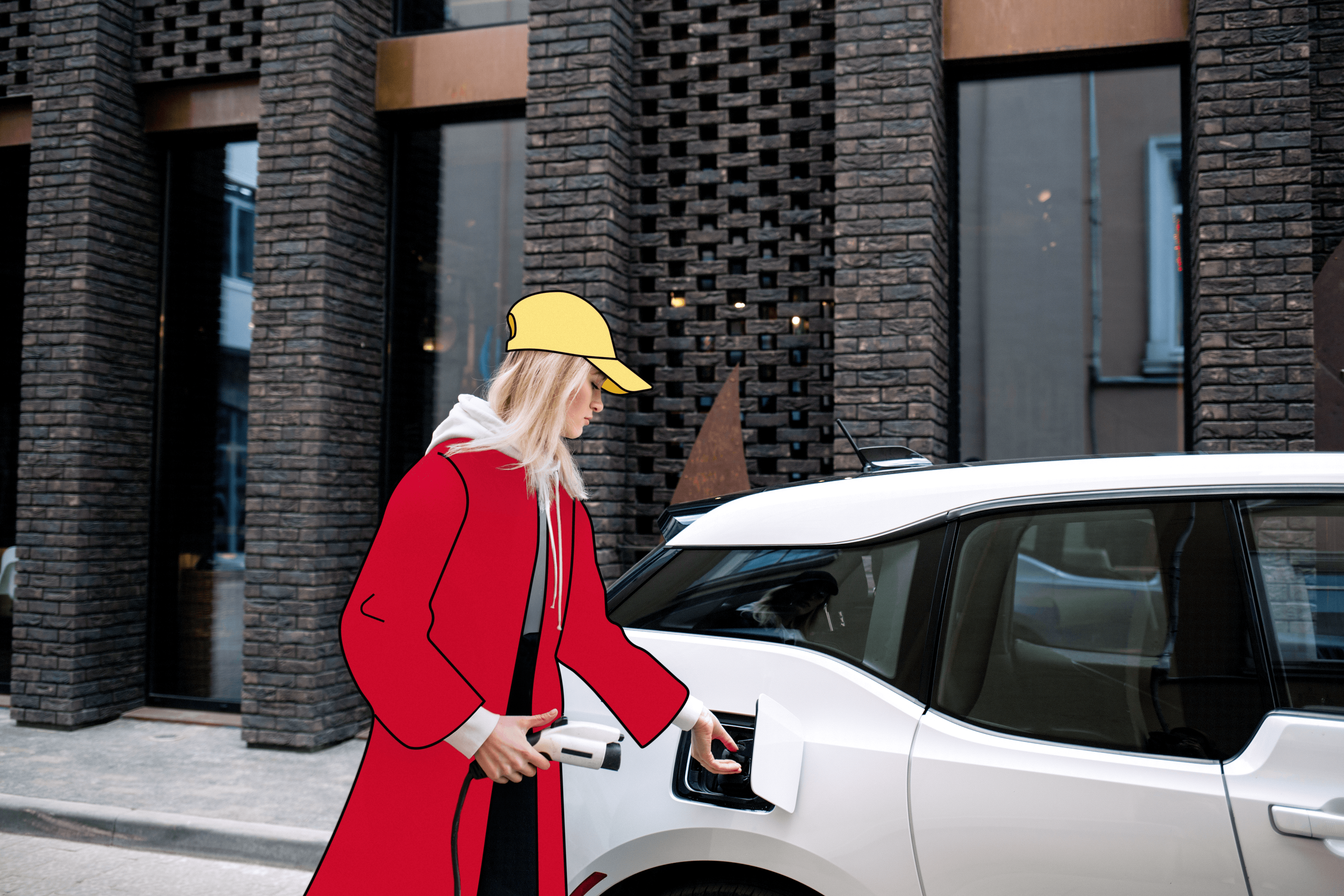 Una mujer joven recarga un coche eléctrico