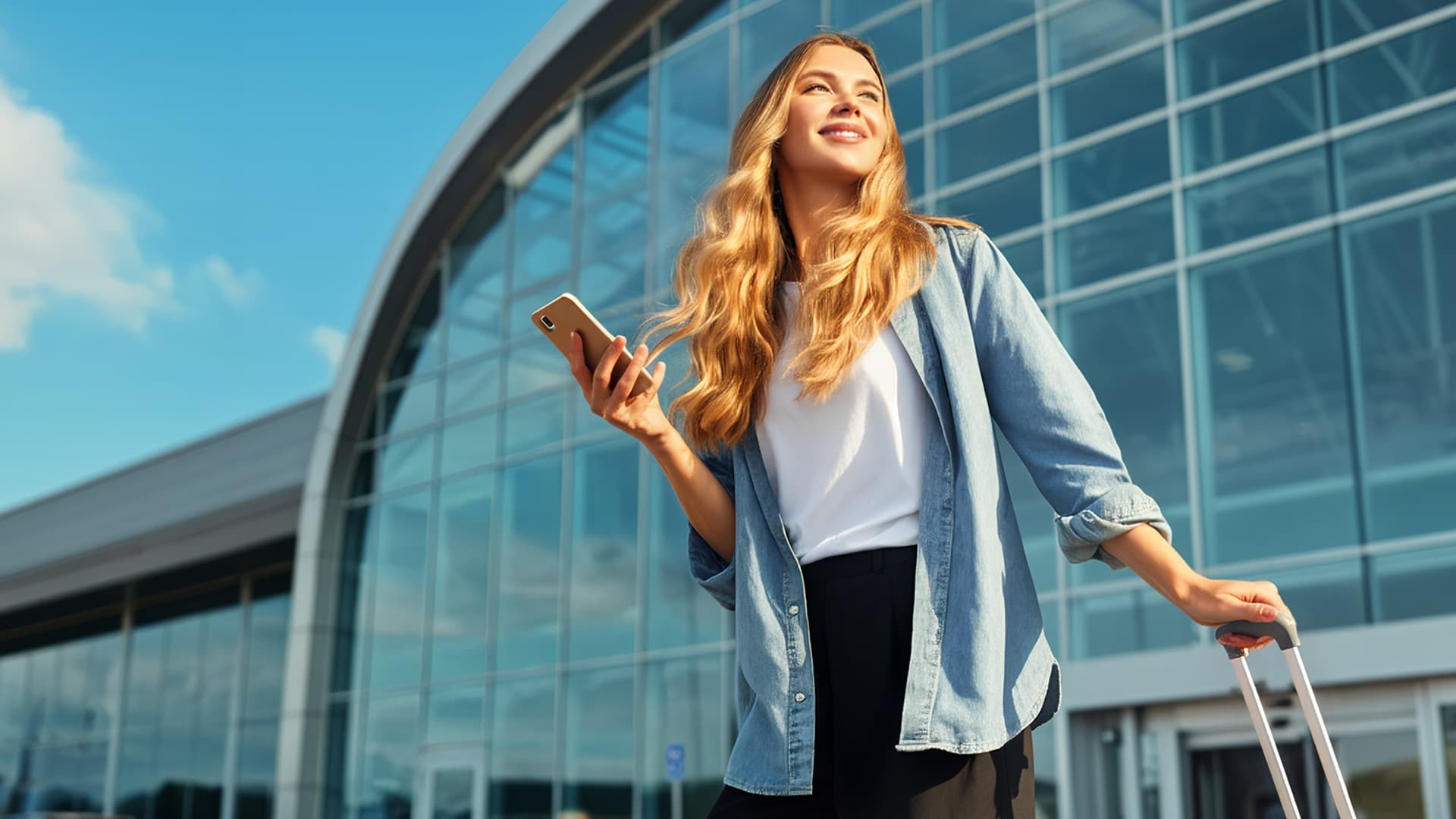 woman outside airport holding phone and suitcase