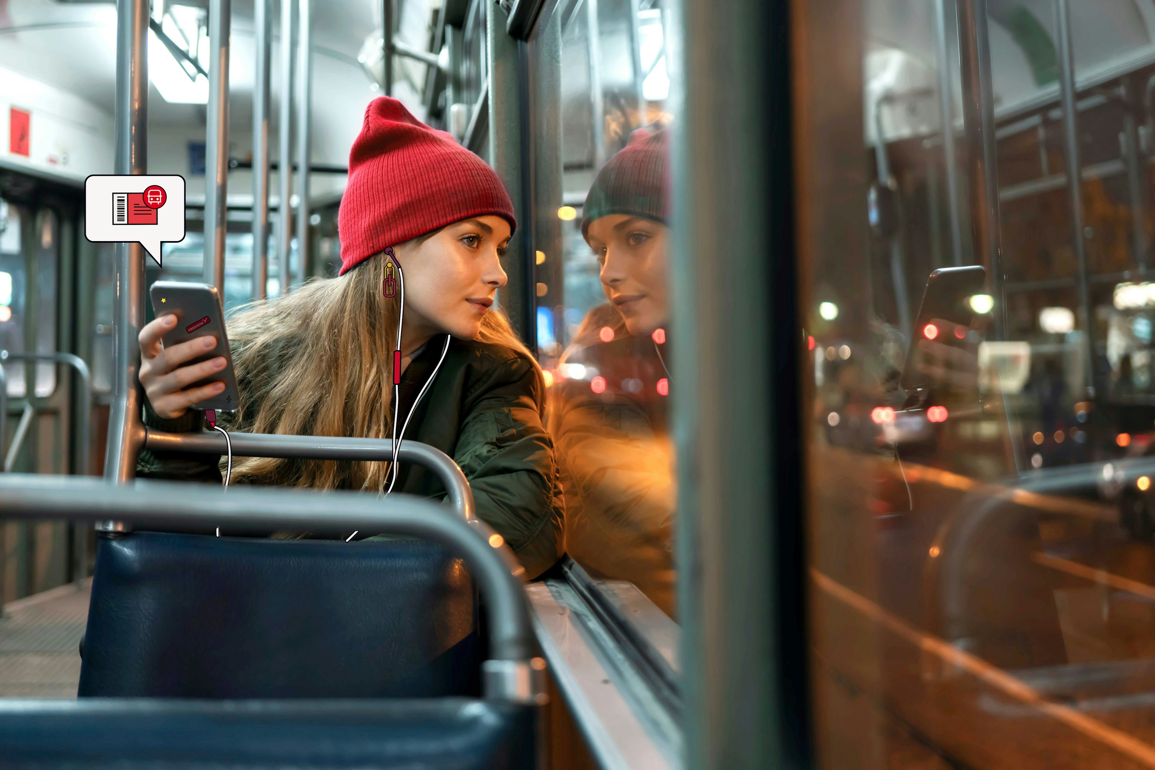 Ein Mitarbeiter sitzt im Bus und schaut aus dem Fenster. Ihr ÖPNV-Ticket kann sie mit dem FREENOW-Mobilitätsbudget kaufen.