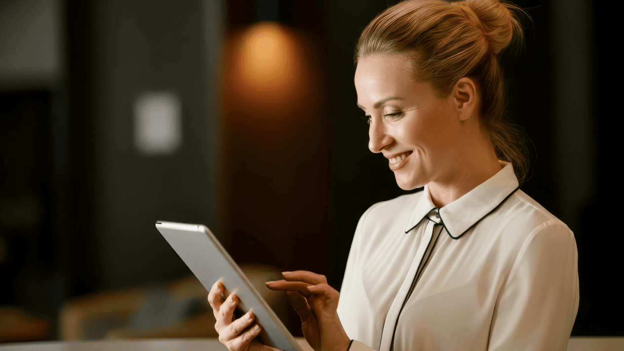 A receptionist booking a taxi for a client on a computer tablet.